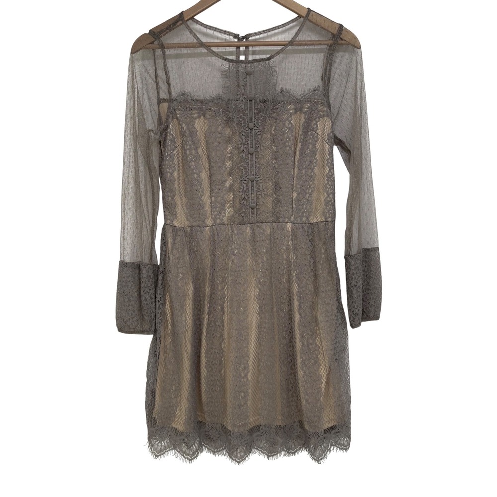 Soieblu Gray Floral Lace Mesh Long Sleeve Mini Dress M Whimsigoth Edwardian Twee